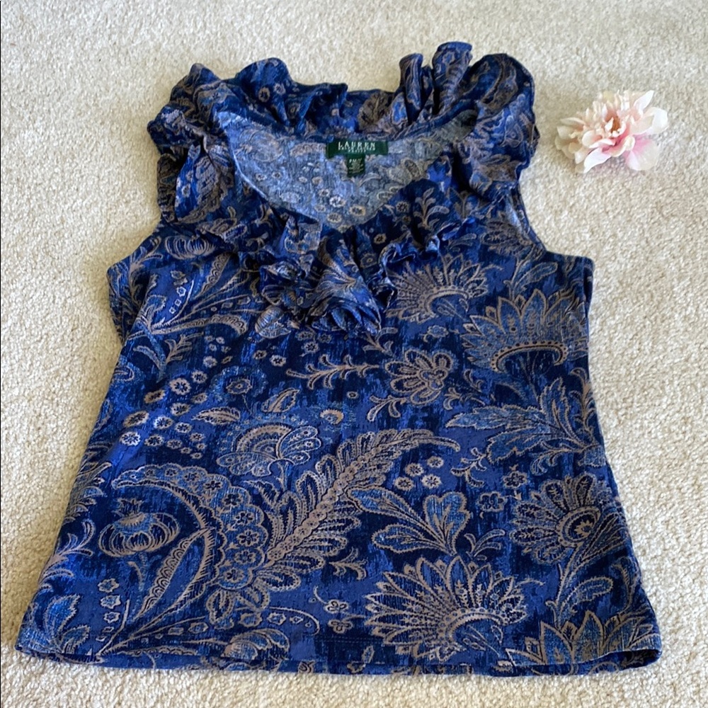 Ralph Lauren Blue and tan Paisley ruffle Top, PM